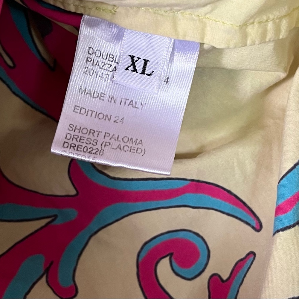 La DoubleJ Paloma short cotton trapeze dress in Cartwheel Giallo geometric print - Picture 6 of 11